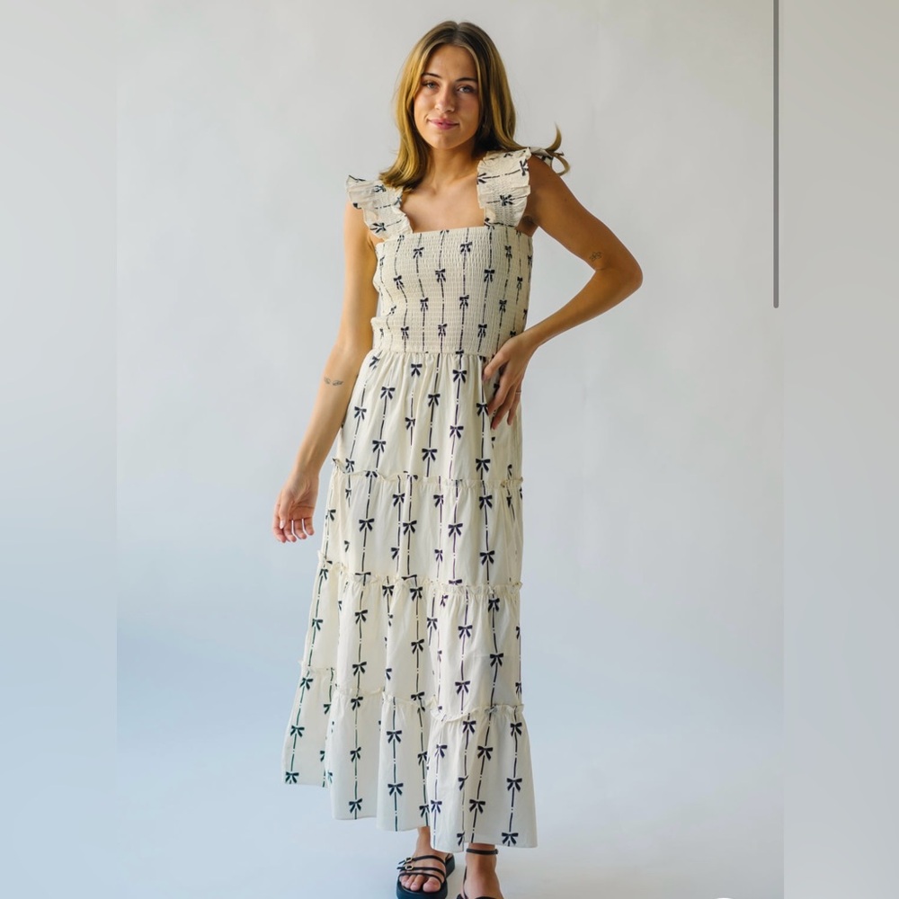 Piper and Scoot Gallardo Bow Print Maxi Tiered Dress Size L Brand New